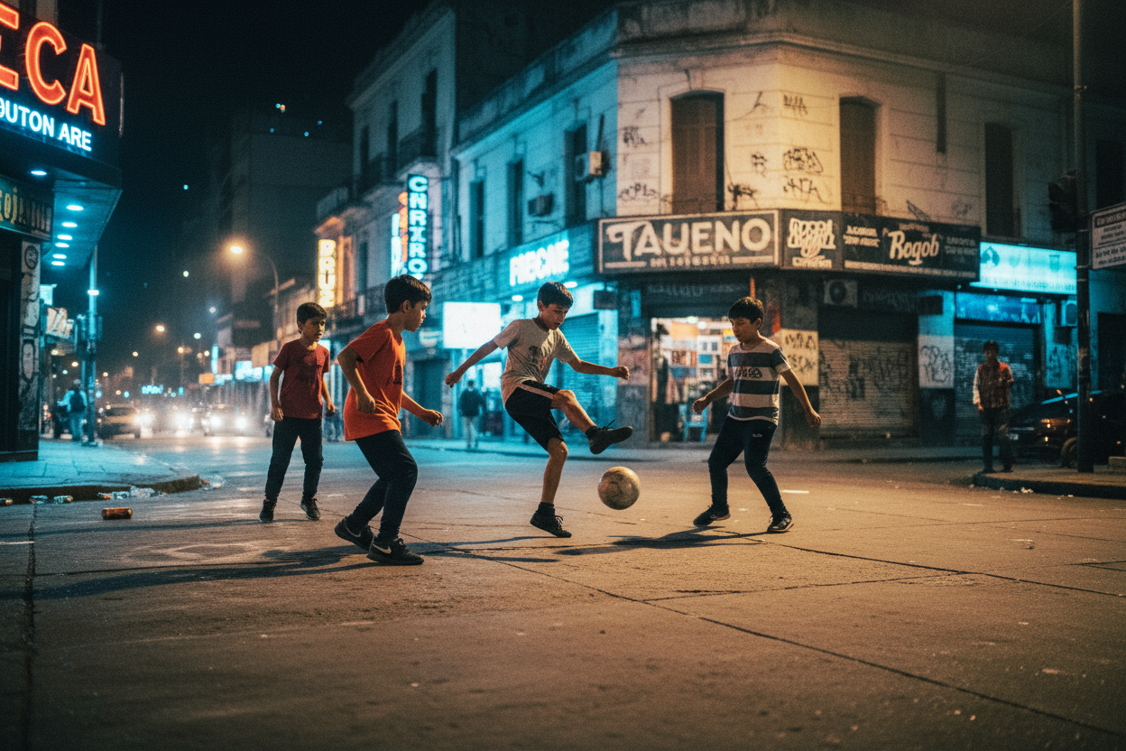 kids playing street soccer (and look very gritty and talented) in the dirty streets of buenes aires. make it night time, and there should be lots of lights and vibrant colors.